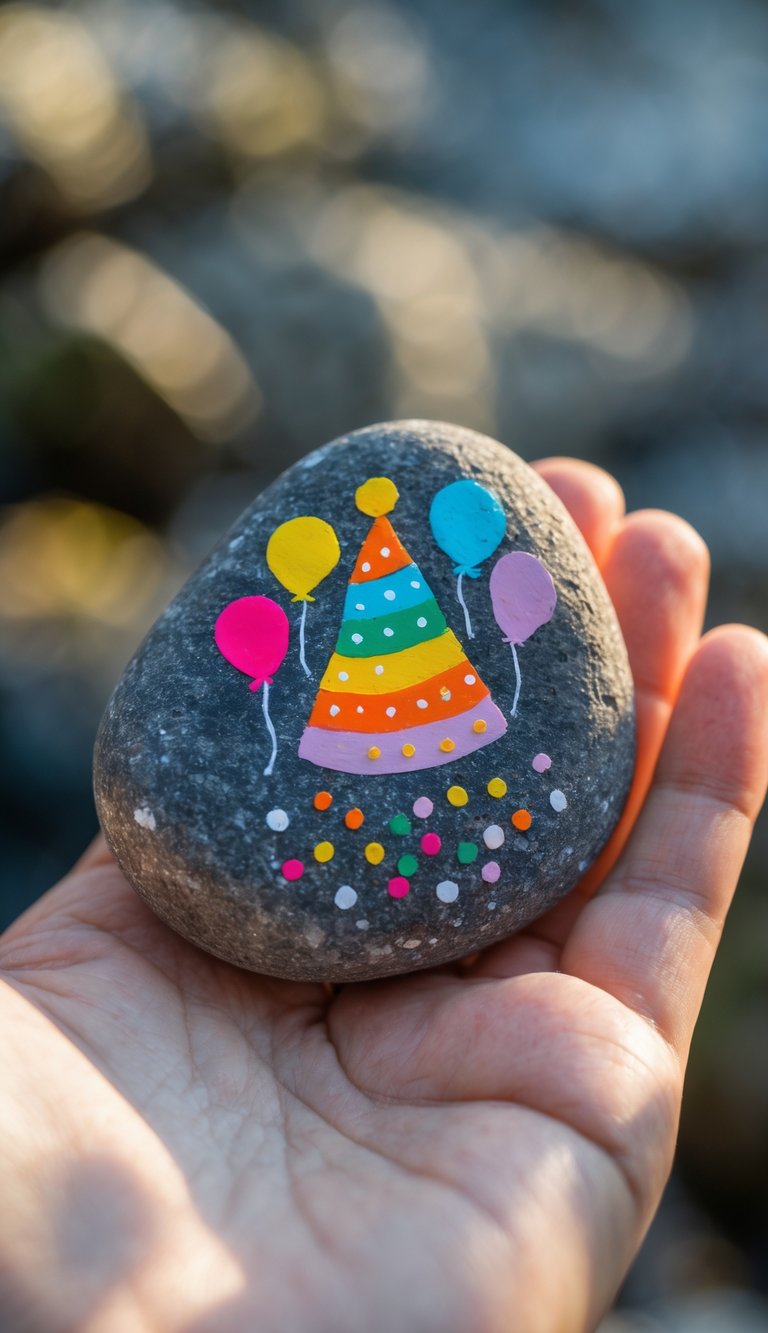 A hand holding a smooth river rock painted with a colorful party hat and balloons.