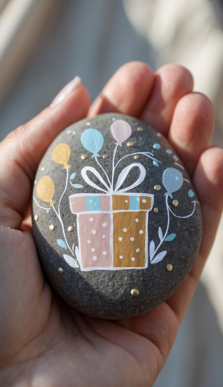 A hand holding a smooth painted river rock with a simple birthday design.