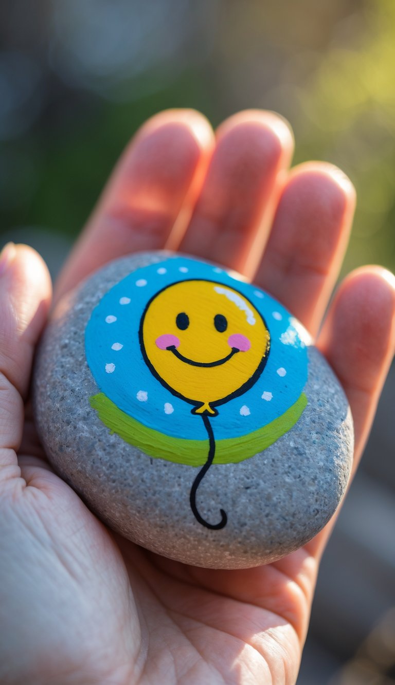 A hand holding a smooth river rock painted with a smiling birthday balloon design.