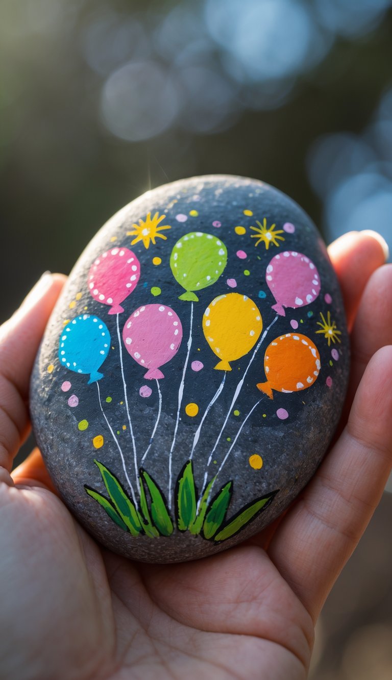 A hand holding a smooth river rock painted with a colorful birthday starburst design.
