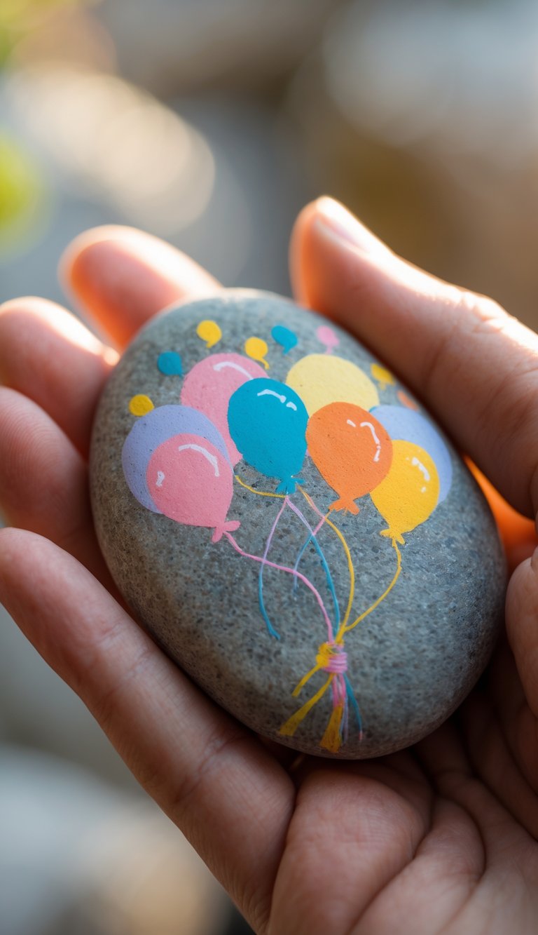 A hand holding a smooth river rock painted with colorful birthday-themed designs.