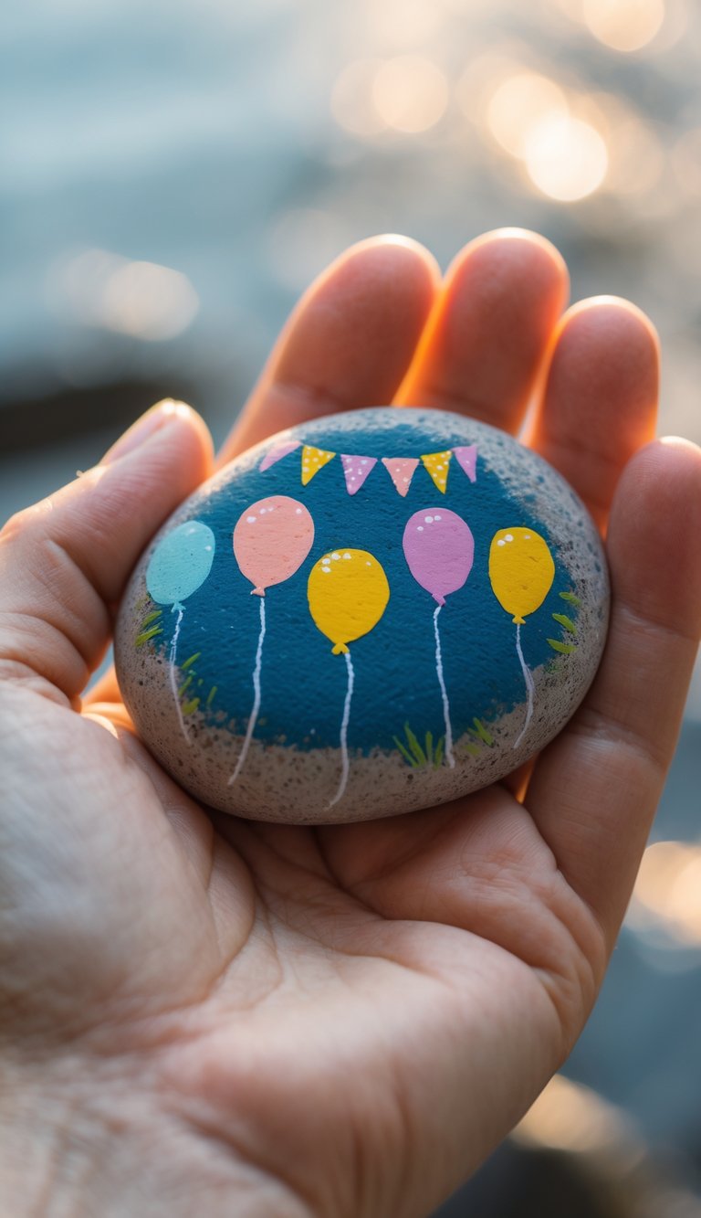 A hand holding a smooth painted river rock with colorful birthday-themed designs.