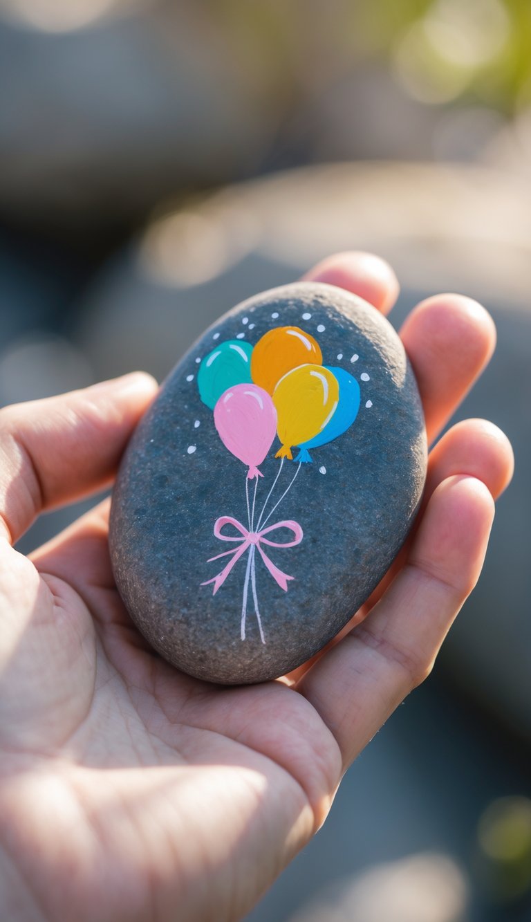 A hand holding a smooth river rock painted with a colorful birthday balloon and ribbon design.