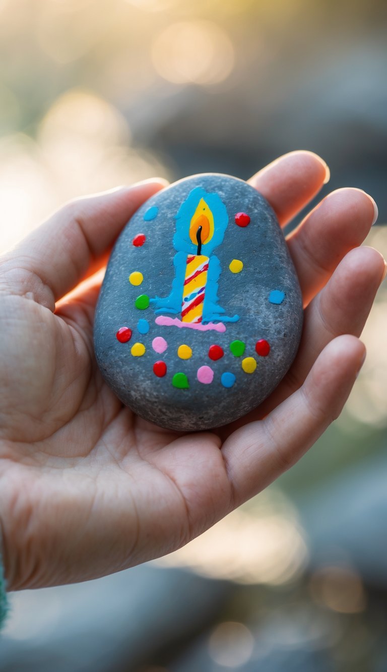 A hand holding a smooth river rock painted with a birthday candle and colorful confetti.