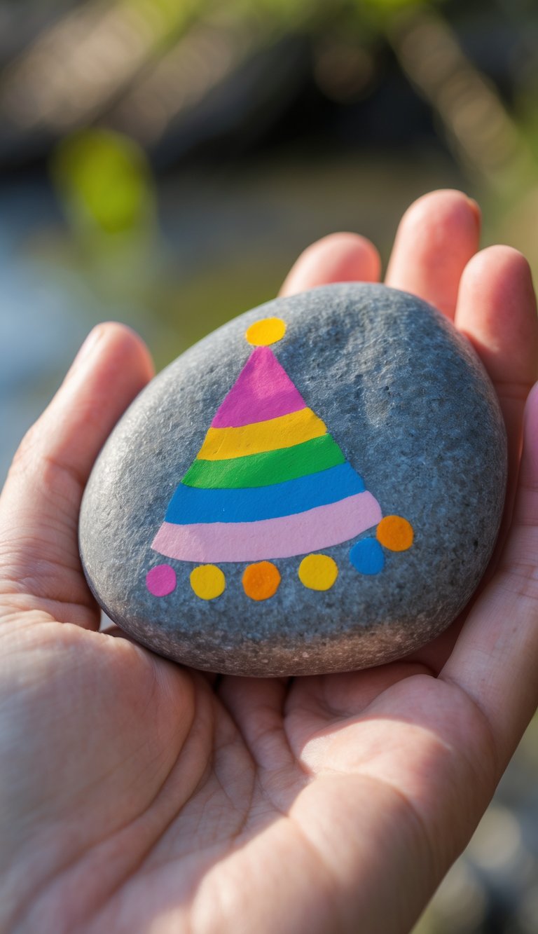 Hand holding a smooth river rock painted with a birthday party hat and colorful dots.