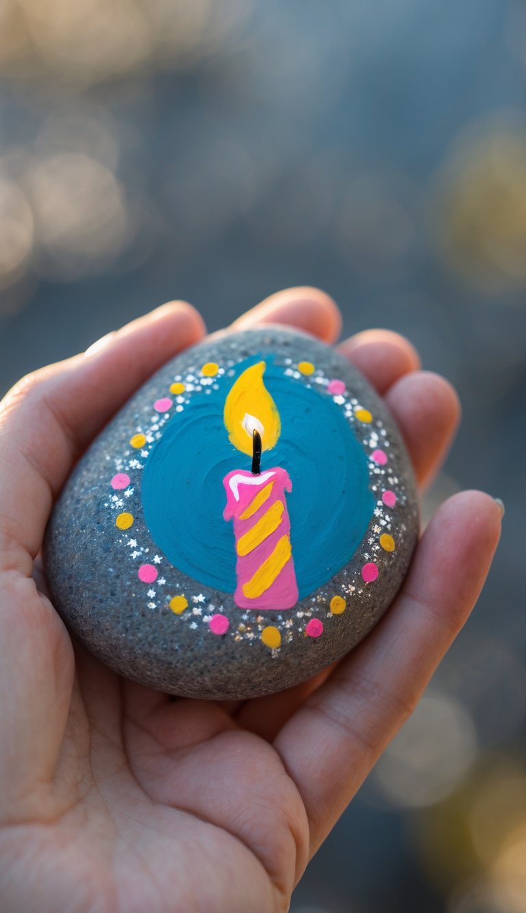 A hand holding a smooth river rock painted with a birthday candle and sparkling flame design.