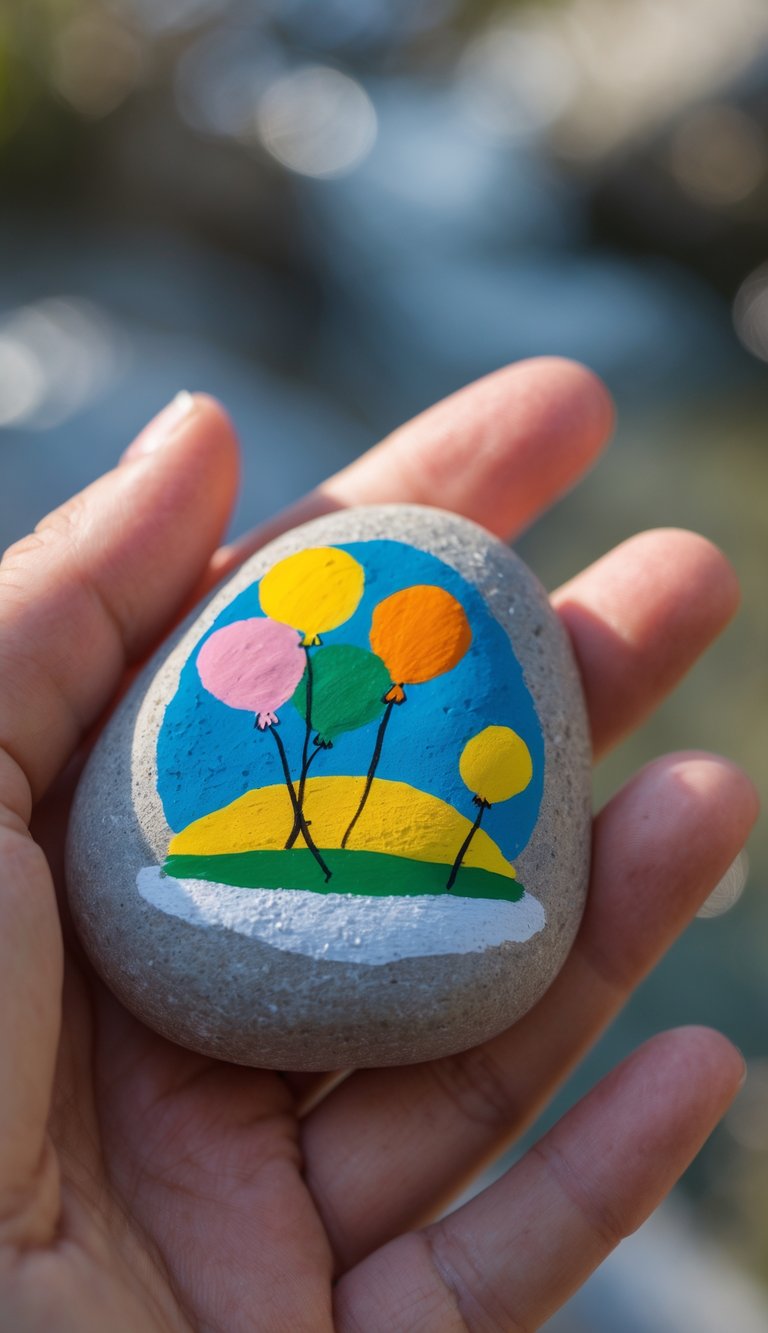 A hand holding a smooth river rock painted with colorful balloons.