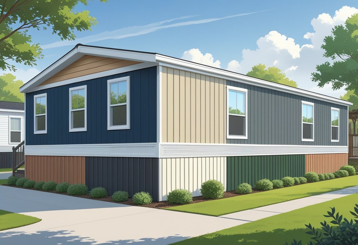 A mobile home exterior showing different sections of vinyl skirting in various contrasting color combinations.