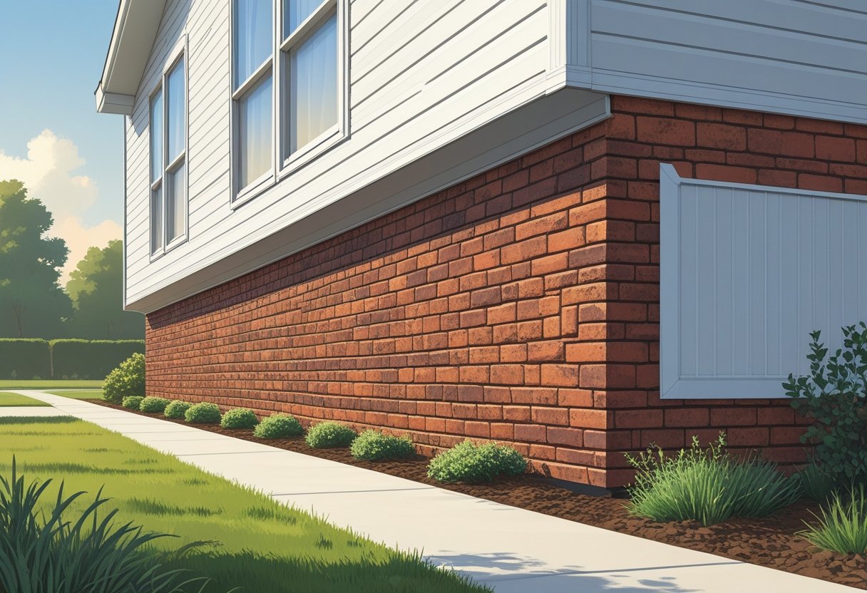 Mobile home exterior with vinyl skirting designed to look like brick, surrounded by grass and small shrubs.