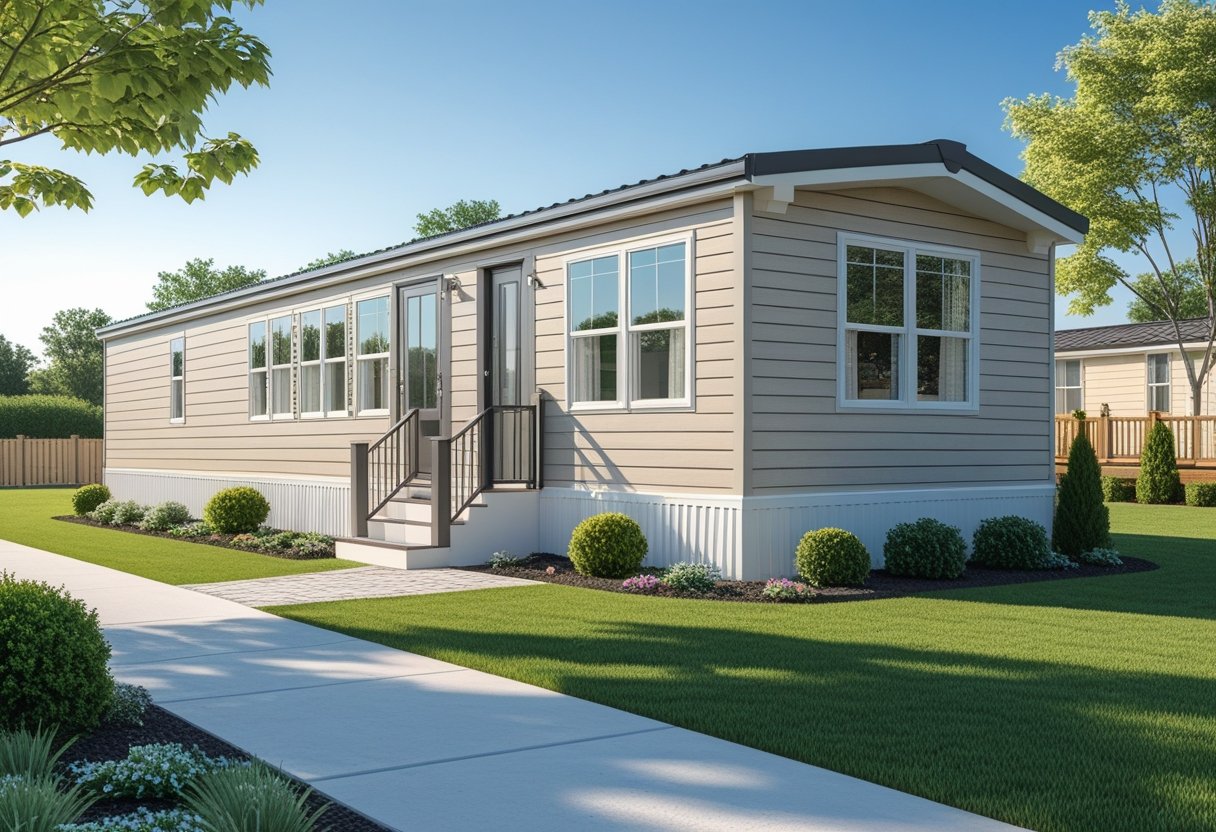 A modern mobile home with fiber cement siding, surrounded by a landscaped yard and a paved walkway under a clear sky.