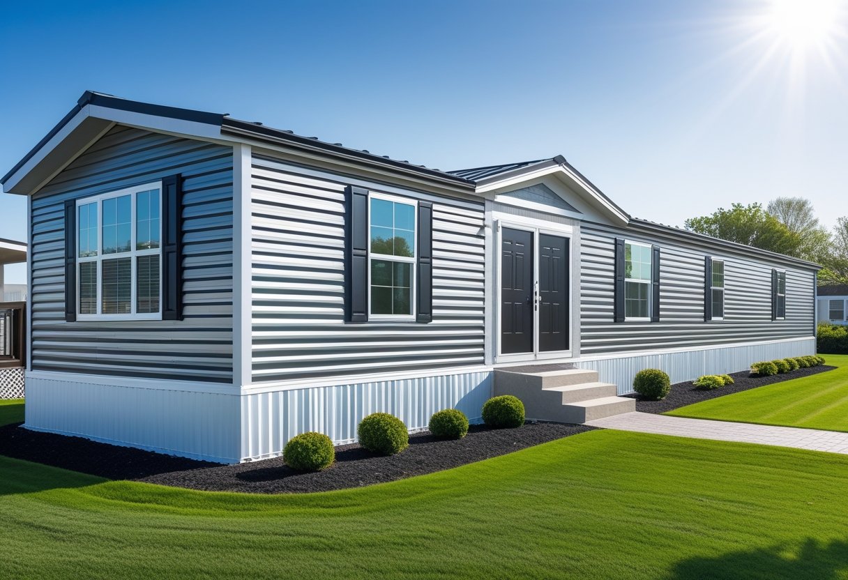 A mobile home with various styles of steel siding, surrounded by a landscaped yard and a paved pathway.