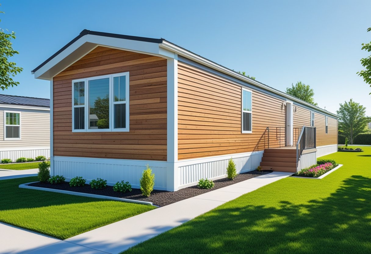 A mobile home with engineered wood siding surrounded by a landscaped front yard under a clear sky.