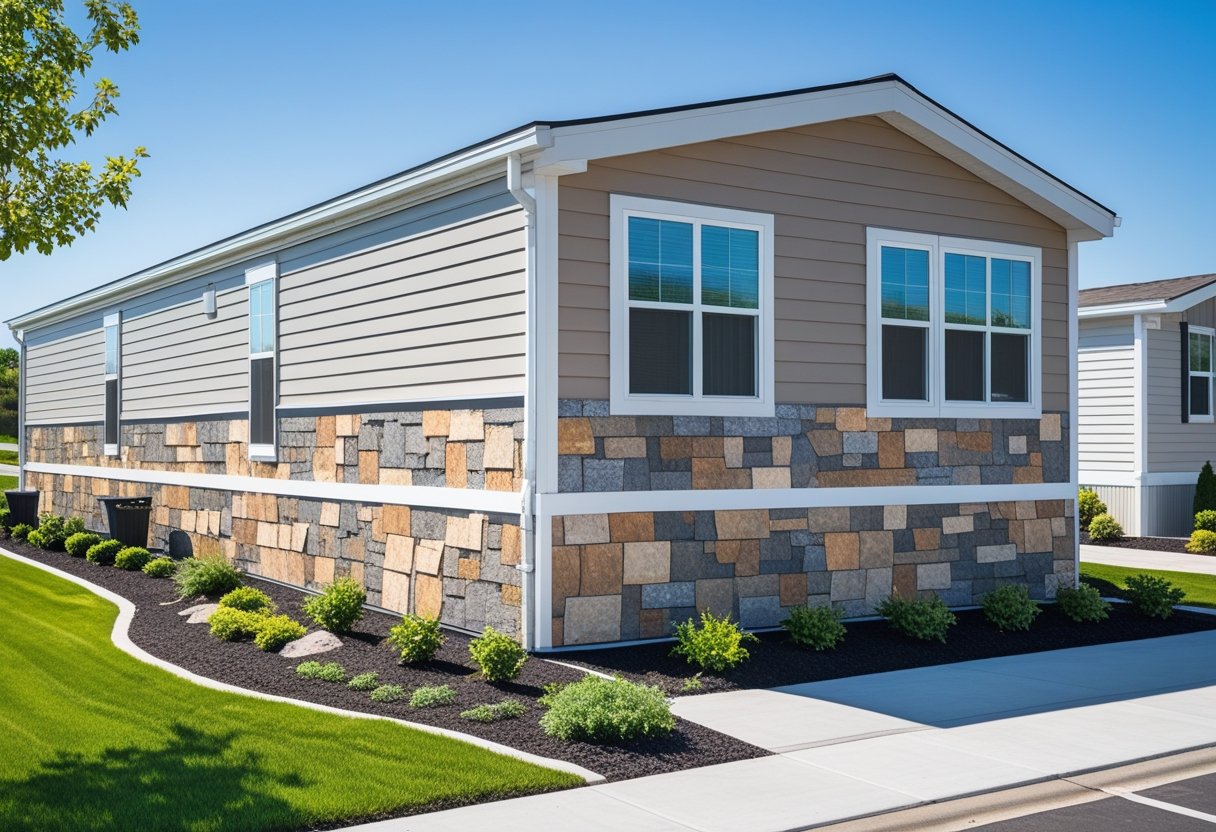 A mobile home with stone veneer panels on the lower siding, surrounded by green lawn and plants under a clear blue sky.