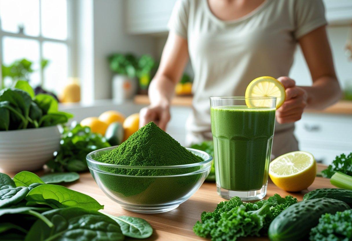 A bright kitchen scene with a bowl of green chlorella powder, fresh vegetables, and a green smoothie on a wooden table, with a person preparing food in the background.