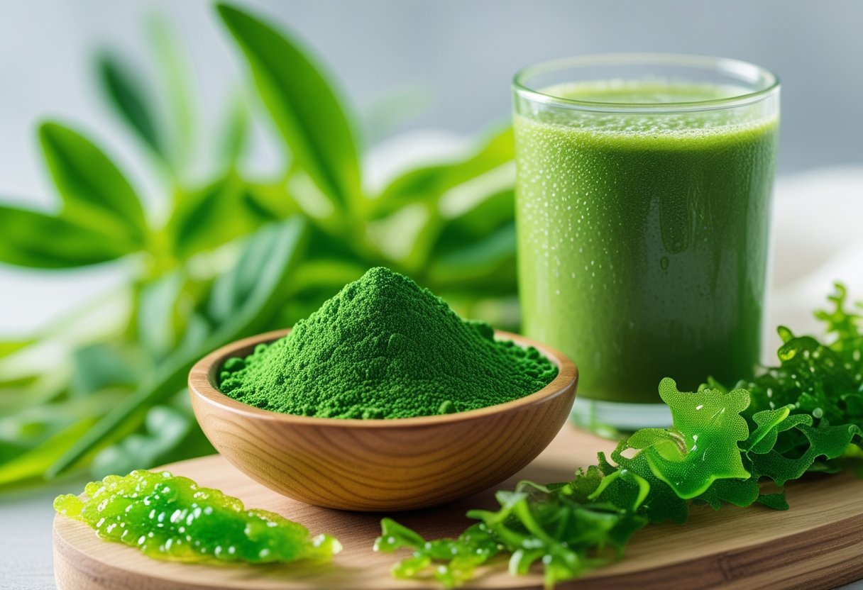 Close-up of green chlorella powder in a wooden bowl next to a glass of green smoothie on a wooden surface with fresh green algae around.