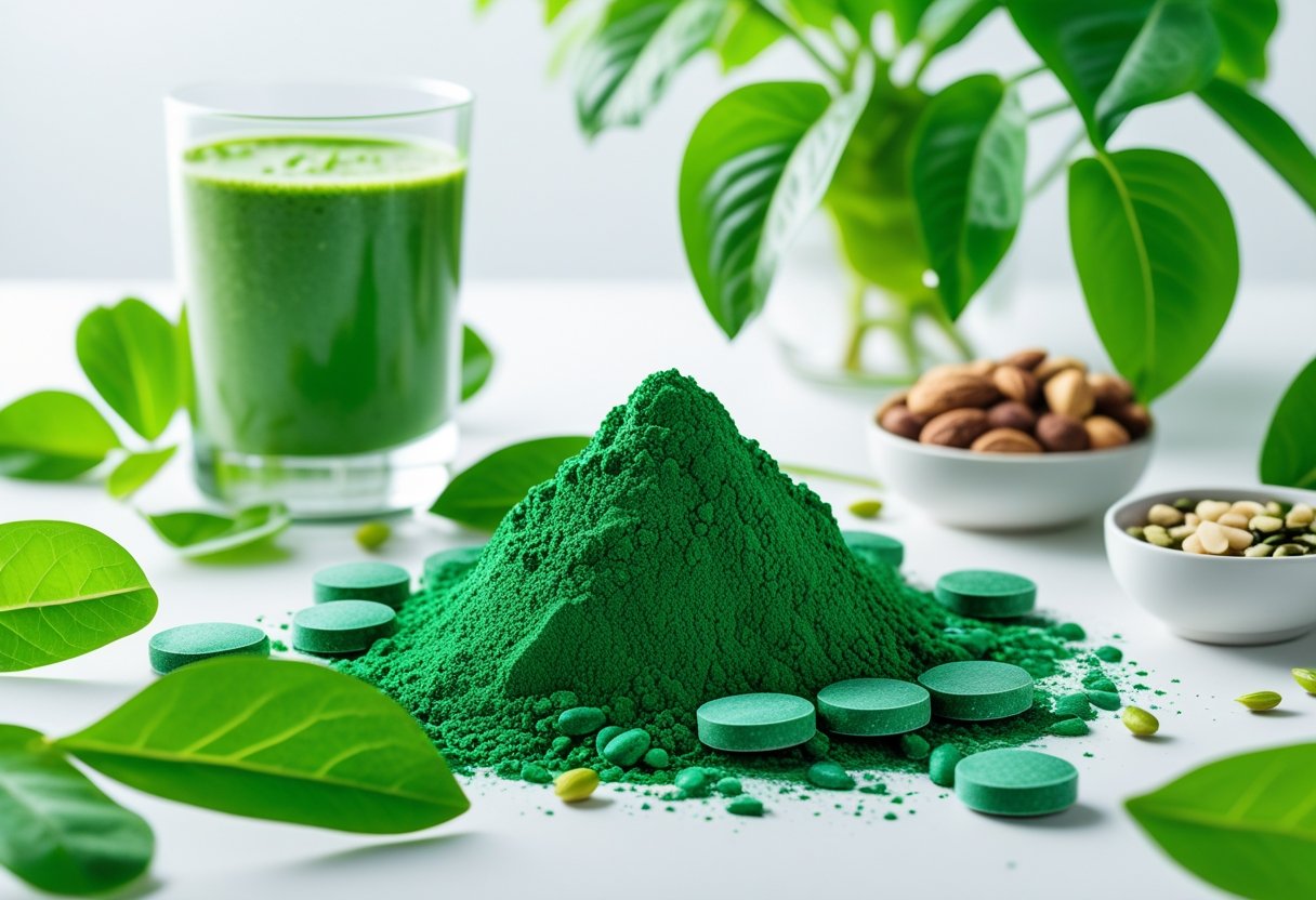 Close-up of green chlorella powder and tablets arranged with green leaves, a glass of green smoothie, and a bowl of nuts on a white surface.