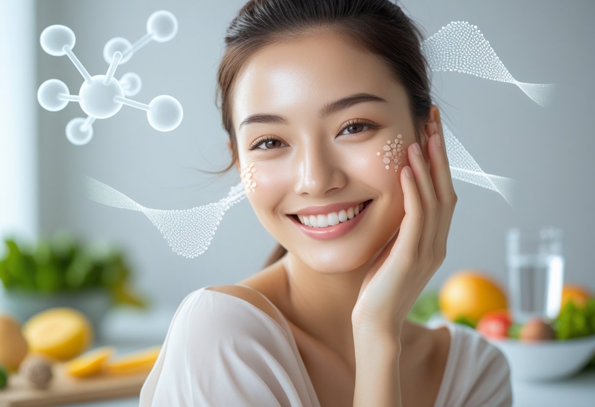 A smiling young woman gently touching her glowing skin with blurred fruits and vegetables in the background symbolizing health and wellness.