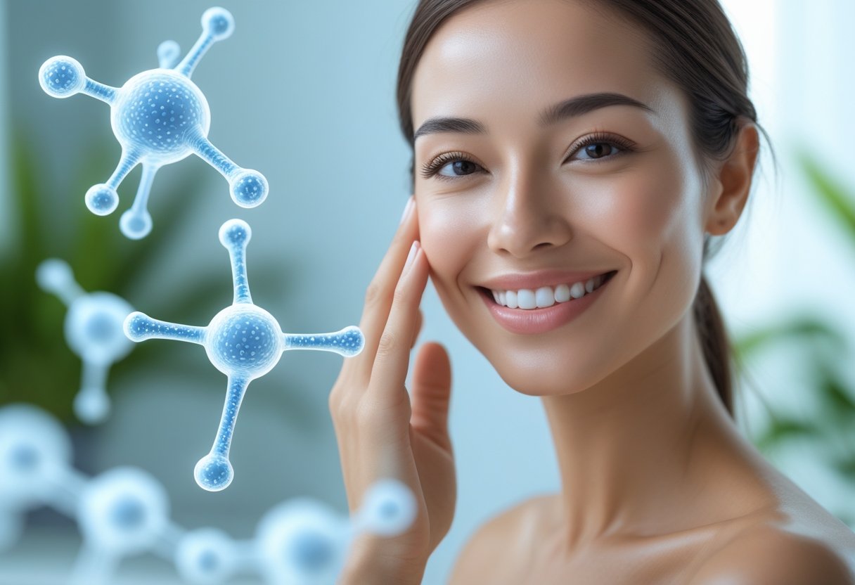 A smiling woman touching her cheek with glowing molecular structures around her, symbolizing collagen and skin health.