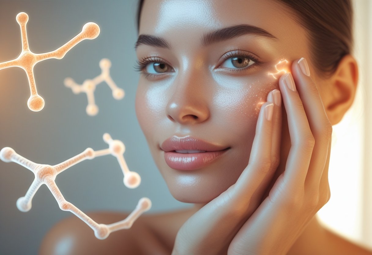 A close-up of a young woman with clear, radiant skin gently touching her face, surrounded by glowing molecular structures symbolizing collagen.