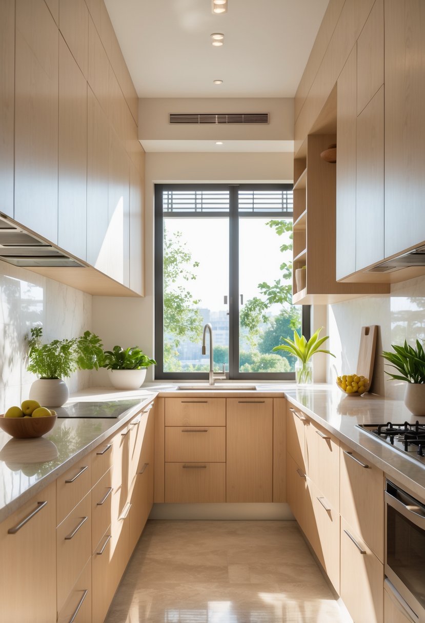 A modern kitchen with light wood cabinets, a kitchen island, and natural sunlight coming through windows.