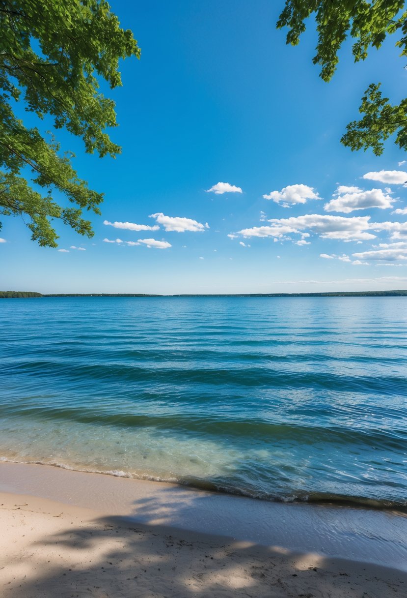 Calm blue waters of Lake Michigan with a sandy beach and green trees under a blue sky with scattered clouds.
