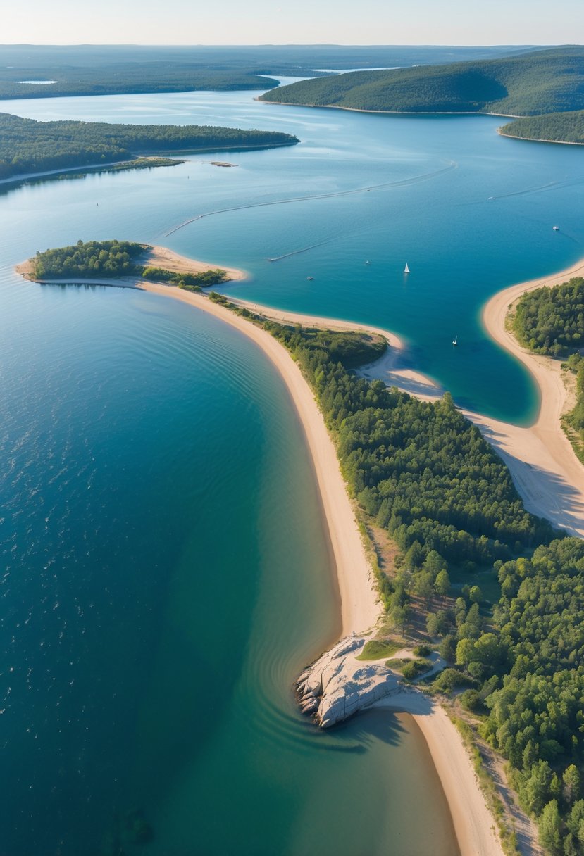 Aerial view of Lake Michigan showing deep blue water, sandy beaches, green forests, and a clear sky.