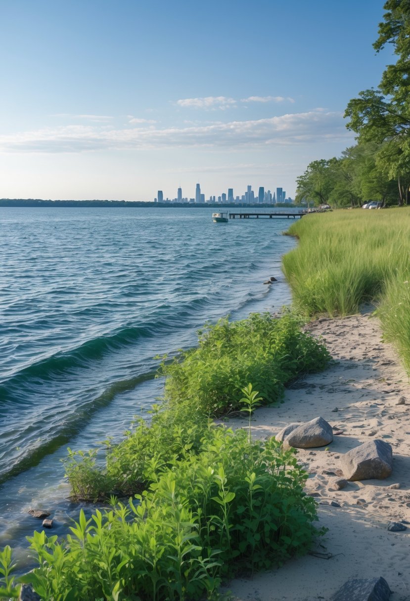 A view of Lake Michigan’s shoreline with green plants, clear water, a few people near the shore, and a distant city skyline under a partly cloudy sky.