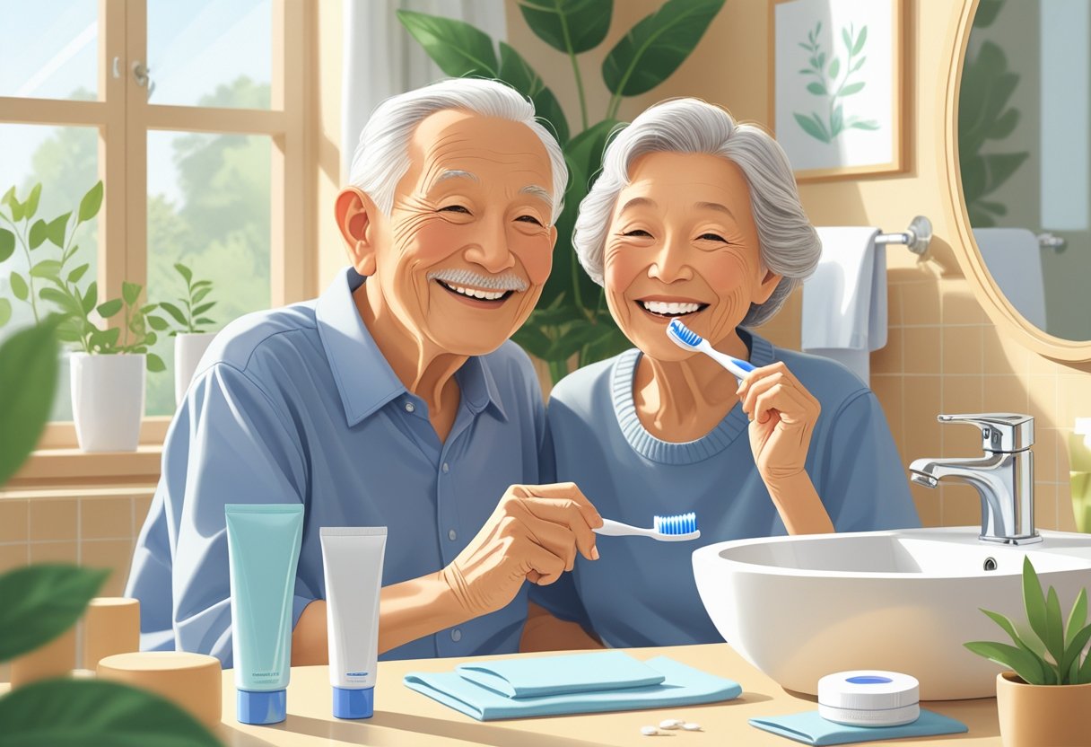 Um casal idoso sorrindo e escovando os dentes juntos em um banheiro iluminado e acolhedor.