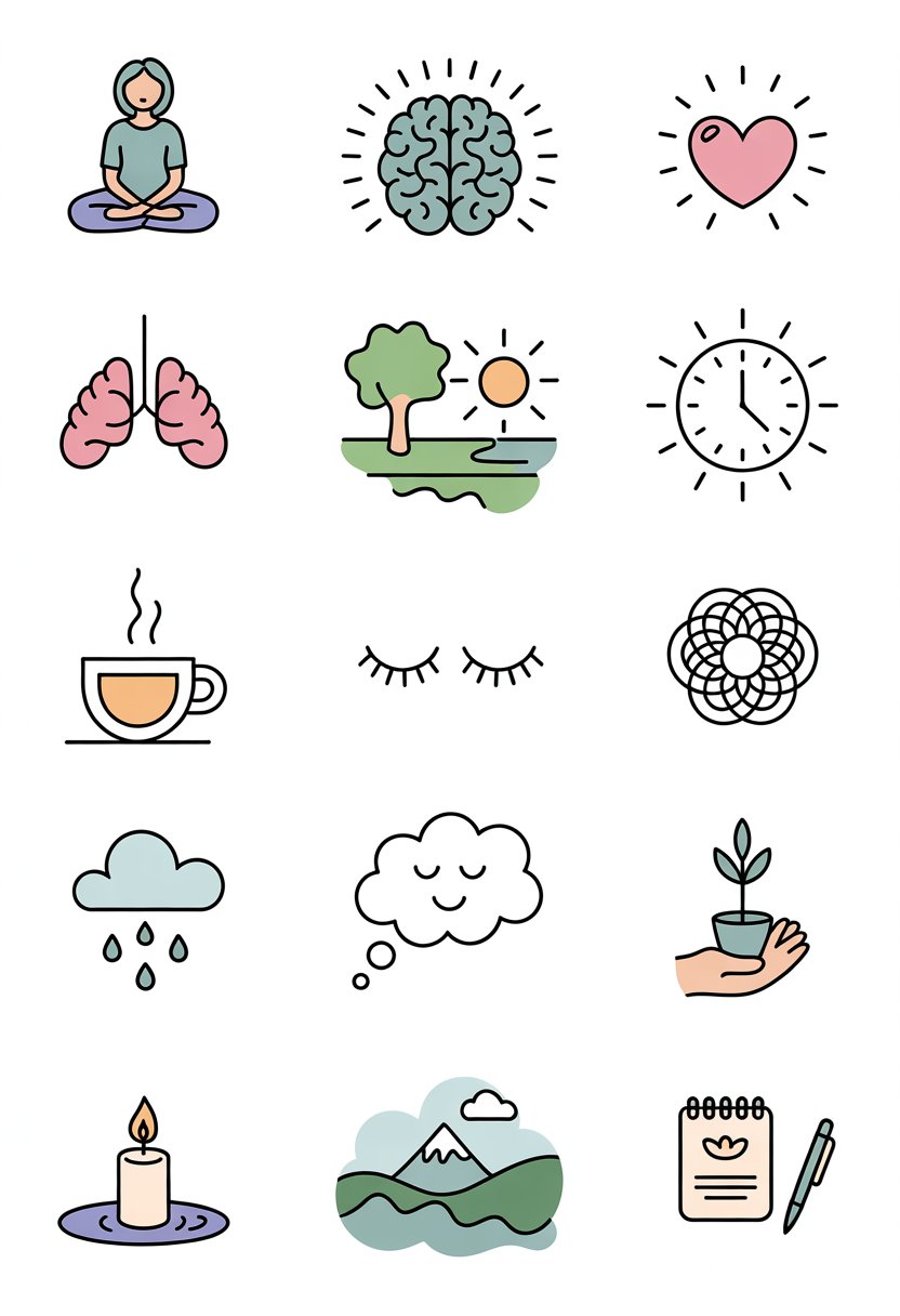 Sixteen small illustrations representing mindfulness concepts arranged in a grid, including meditation poses, nature elements, and calming symbols.
