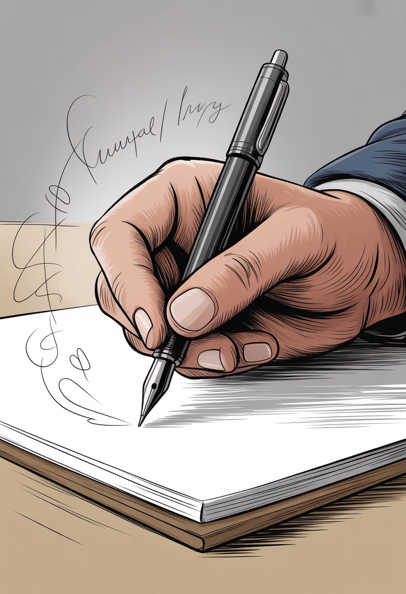 A close-up of a hand holding a pen above a blank sheet of paper with faint doodles appearing around it.