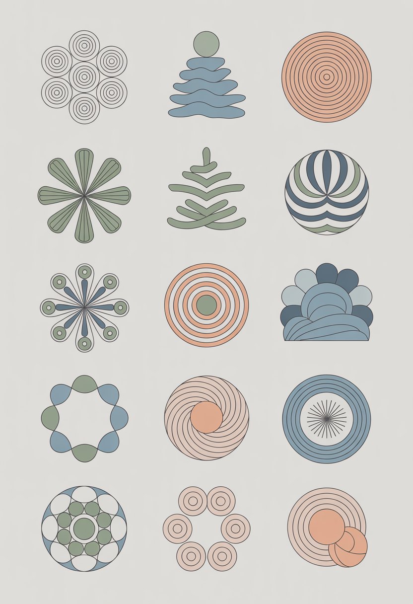 A grid of sixteen simple, calming doodles featuring repetitive patterns like spirals, waves, and circles in soft, soothing colors.