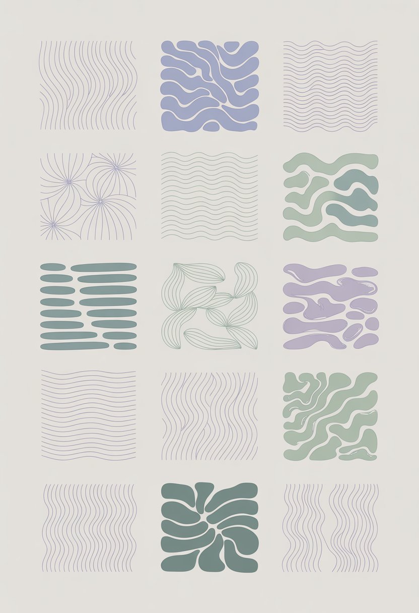 Sixteen different wavy line patterns arranged in a grid, each with smooth flowing curves and calming colors.