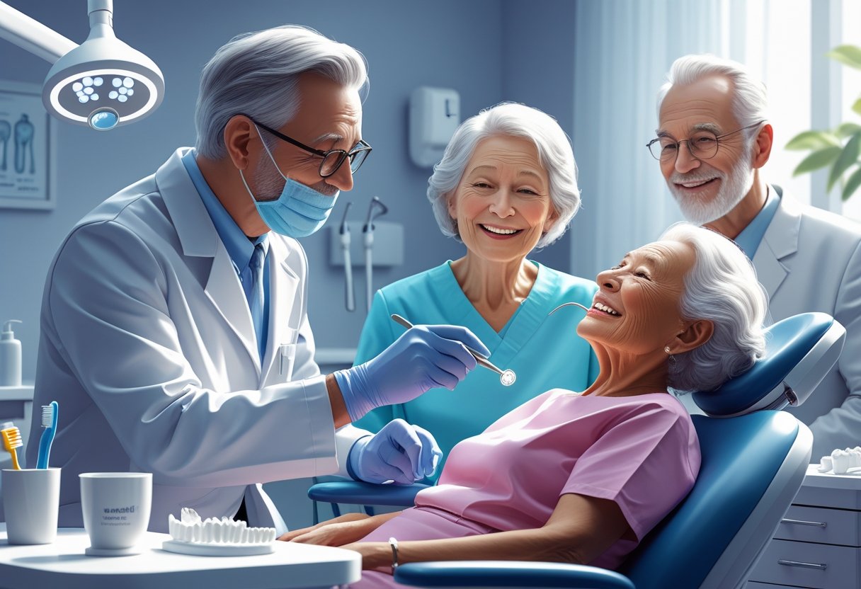 Idosos recebendo cuidados odontológicos em uma clínica dental, com um dentista examinando os dentes de uma senhora e um senhor aguardando ao lado.