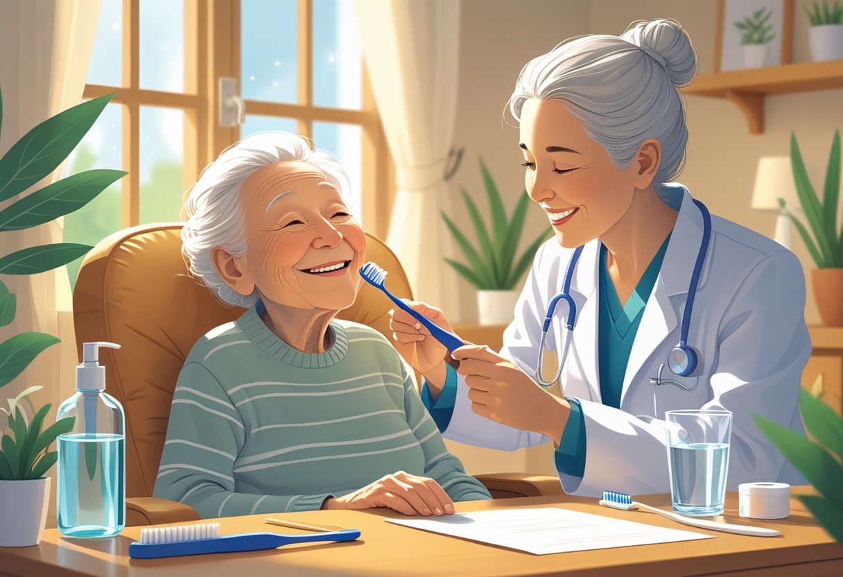 Idoso sorrindo enquanto um profissional de saúde examina seus dentes em um ambiente acolhedor com itens de cuidado bucal ao redor.