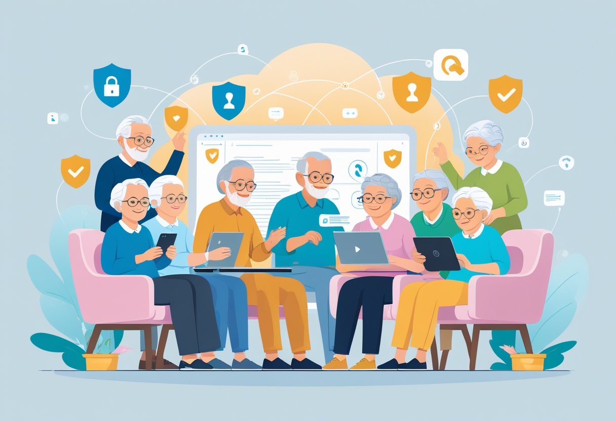 Idosos usando dispositivos digitais com expressões confiantes, enquanto recebem orientação sobre segurança online em um ambiente doméstico.