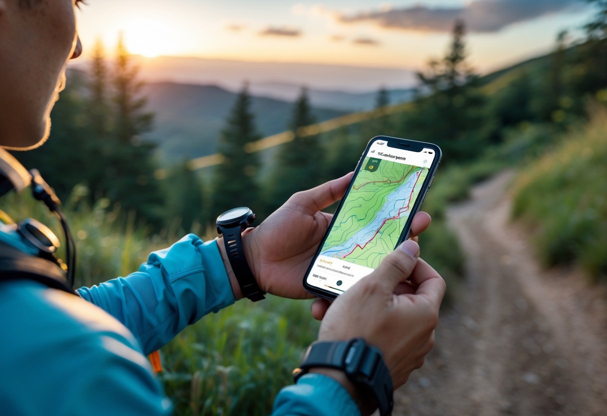Person holding a smartphone showing a topographic map app while planning a trail-running route at sunrise outdoors.