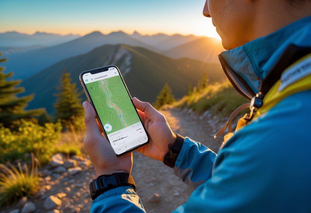 Person outdoors at sunrise looking at a smartphone showing a topographic map, with mountains and trees in the background.