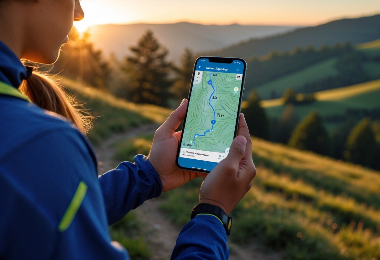 Person outdoors at sunrise holding a smartphone showing a topographic map while planning a trail-running route with hills and trees in the background.