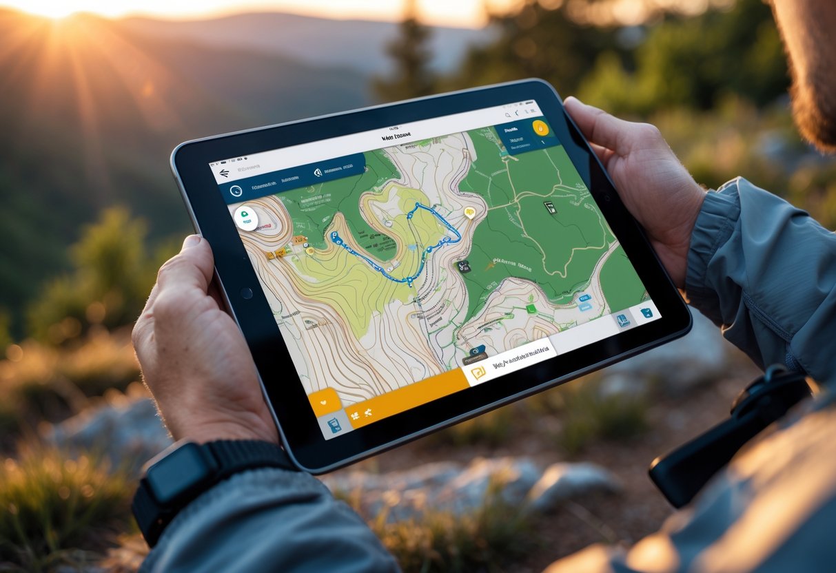 Person holding a tablet displaying a topographic map while planning a trail-running route outdoors at sunrise.