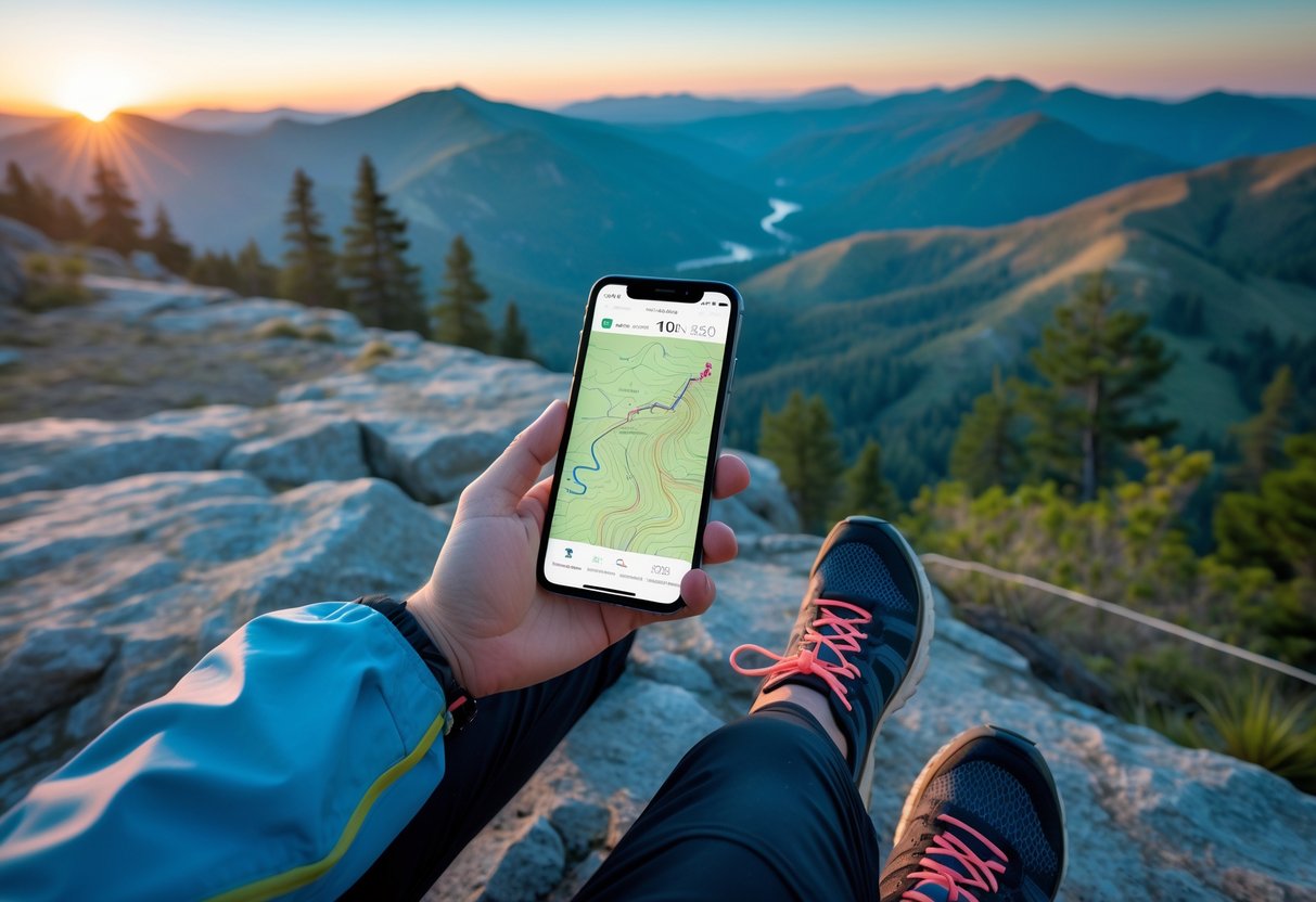 Person sitting on a rocky ledge at sunrise, looking at a smartphone with a topographic trail map app, with mountains and trees in the background.