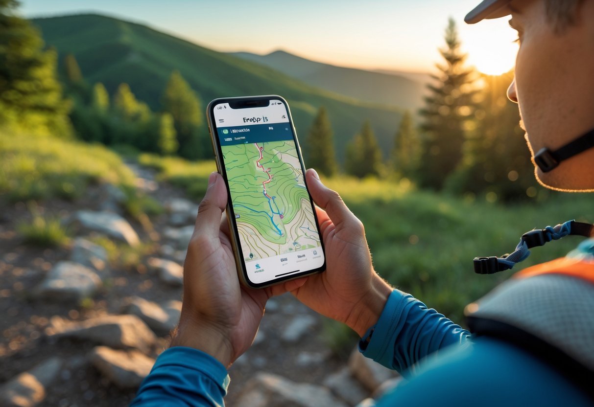 A person outdoors holding a smartphone showing a topographic map app while standing near a trailhead at sunrise with trees and hills in the background.