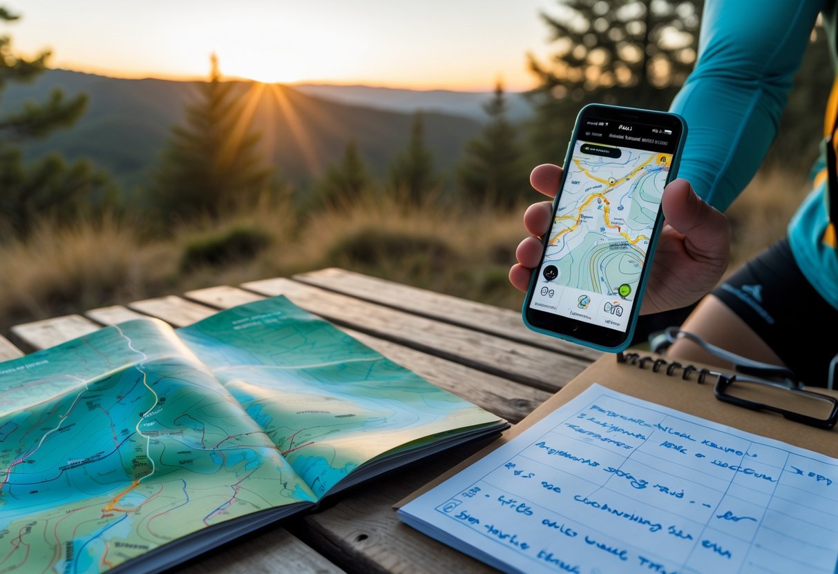 Person planning a sunrise trail-running route using a smartphone with a topographic map app outdoors at dawn, with maps and notes on a picnic table and hills in the background.