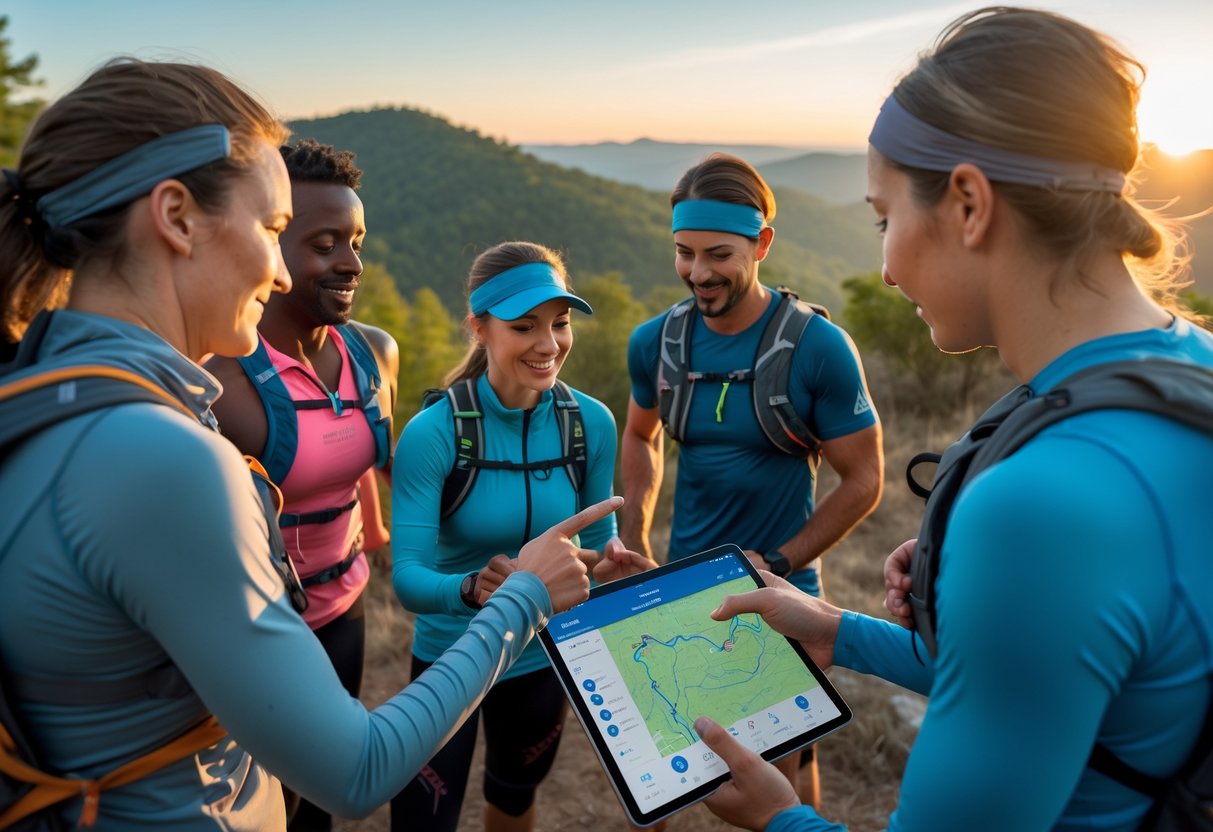 A group of trail runners outdoors at sunrise looking at topographic maps on a smartphone and tablet while planning their route.