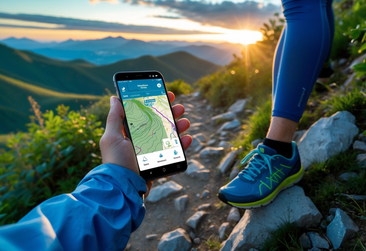 A person outdoors on a mountain trail at sunrise, looking at a smartphone displaying a topographic map to plan a running route.