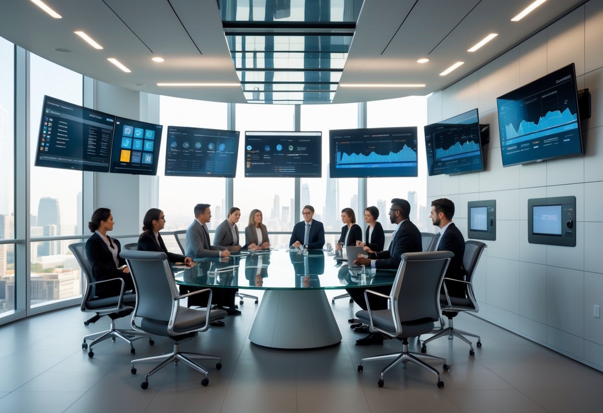 A corporate conference room with professionals using advanced technology and large screens during a meeting.