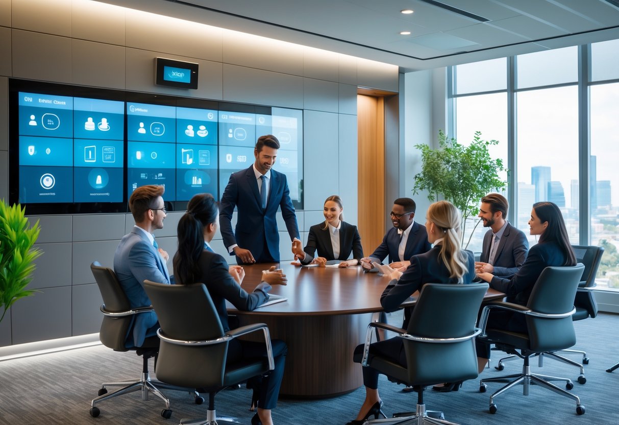 A modern corporate conference room with professionals using a digital control panel for smart office technology during a meeting.