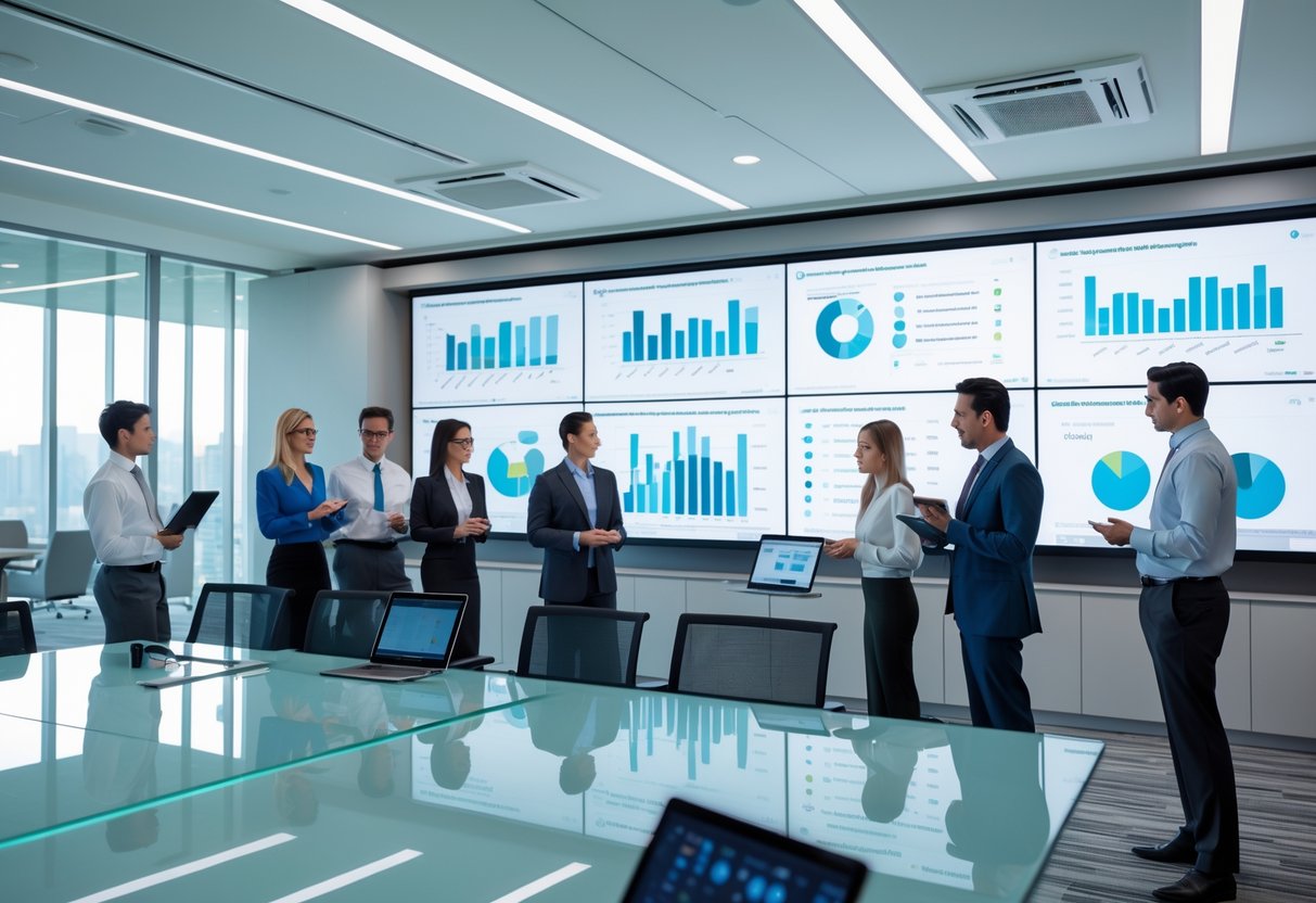 A modern corporate conference room with professionals working together around a table, surrounded by high-tech AV equipment and large displays.