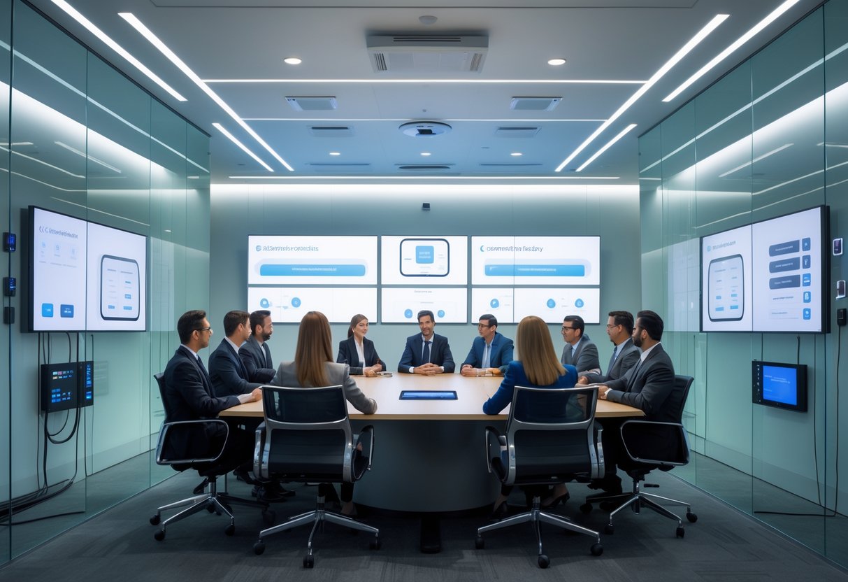 A modern corporate conference room with business professionals using advanced touchscreen control panels integrated into the room.
