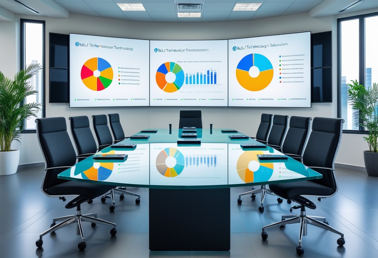 A modern corporate meeting room with a glass table, ergonomic chairs, large screens displaying data, and advanced meeting technology devices.