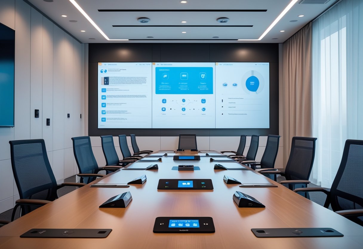 A modern meeting room with a large touchscreen display, wireless presentation devices, and control panels on a polished conference table surrounded by ergonomic chairs.